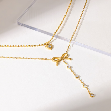 Colliers superposés pour femmes, collection romantique, nœud papillon et cœur, en acier inoxydable étanche couleur or 2