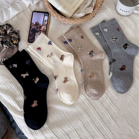 Chaussettes mi-mollet à motif géométrique basique et animaux de dessin animé, légèrement rebondissantes