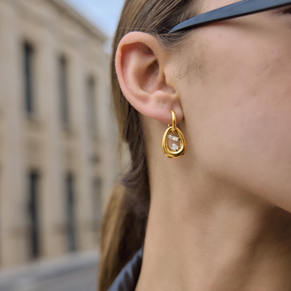 Boucles D'Oreilles Pendantes Pour Femme, Élégantes, En Forme De Cœur Et D'Ellipse, En Acier Inoxydable Étanche, Couleur Or, Collection Romantique Image4