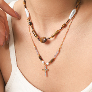 Colliers Pour Femmes Avec Pendentif En Forme De Croix Et D'Ellipse, En Acier Inoxydable, Couleur Or, Pierre Naturelle Et Zircon. h5 Image5