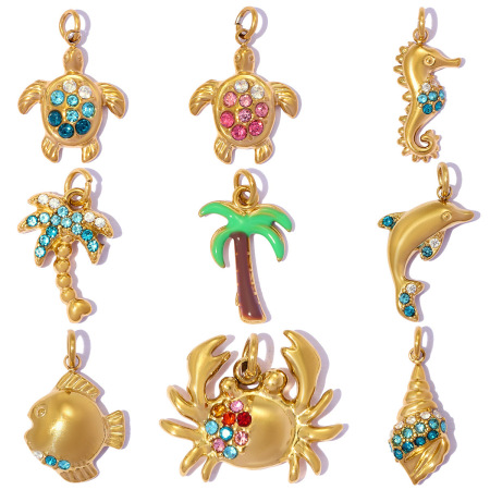 Pendentifs pour femmes en acier inoxydable étanche, couleur or, style vacances océaniques, ornés de strass