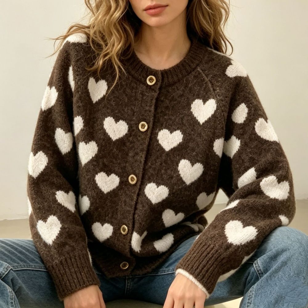 Cardigan À Col Rond En Maille Jacquard À Cœurs Et Blocs De Couleur 