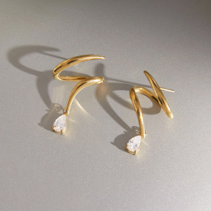 Boucles D'Oreilles Puces Pour Femmes, Collection Simple Series Daily, Lignes Irrégulières, En Acier Inoxydable Étanche, Couleur Or, Avec Zircon. h5 Image2