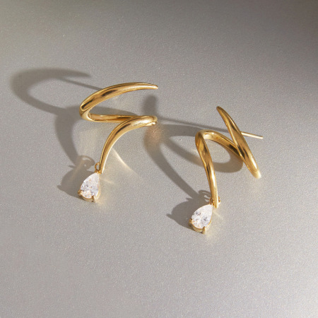 Boucles d'oreilles puces pour femmes, collection Simple Series Daily, lignes irrégulières, en acier inoxydable étanche, couleur or, avec zircon. 2