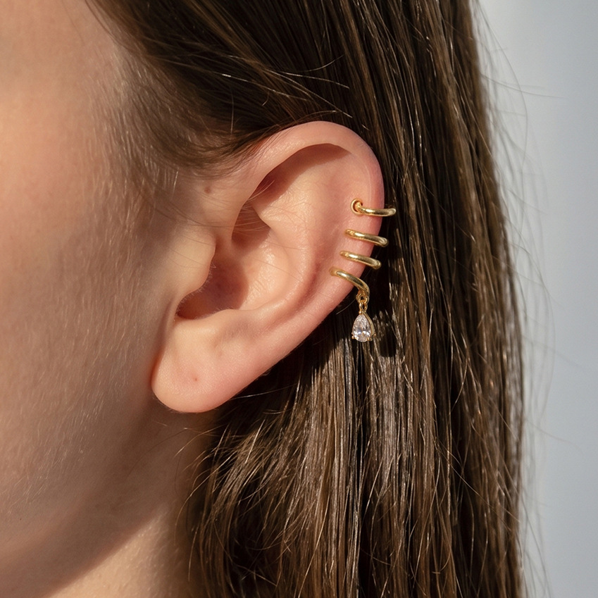 Boucles D'Oreilles Manchette Pour Femme, Collection Luxueuse, Style Rétro, Lignes Irrégulières, Acier Inoxydable, Couleur Or, Zircon, Étanches Image3