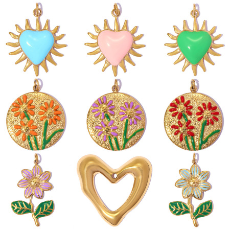 Pendentif femme en acier inoxydable, couleur or, orné d'une fleur en émail doux et d'un cœur, collection romantique