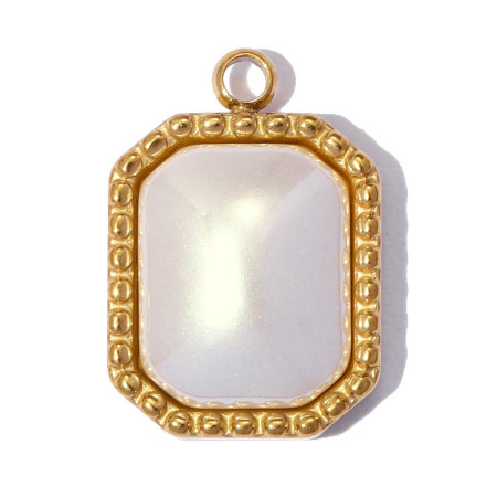 Pendentif rétro en forme de cœur rectangulaire, en acier inoxydable étanche, couleur or, avec pierre naturelle et perle artificielle. 2
