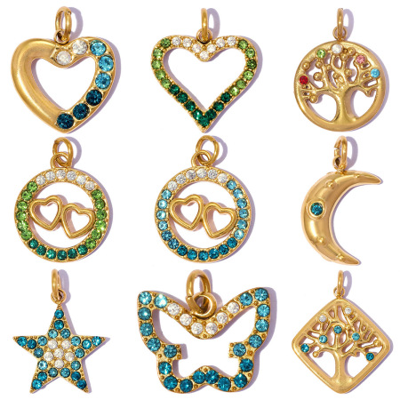 Pendentifs pour femmes en forme de cœur, en acier inoxydable étanche, couleur or, ornés de strass