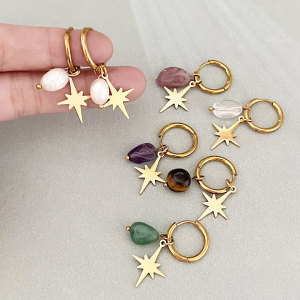 Boucles D'Oreilles Pendantes Pour Femme, Collection Simple Series Daily Beads Star, En Acier Inoxydable, Couleur Or, Étanches, Avec Pierre Naturelle. h5 Image2