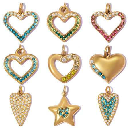 Pendentifs pour femmes en acier inoxydable, couleur or, ornés de strass, motif cœur et étoile (série Simple)