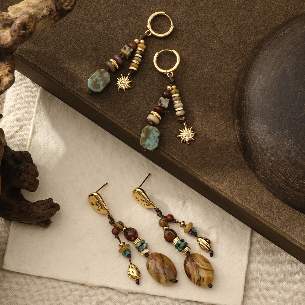 Boucles D'Oreilles Bohèmes Ethniques En Perles Et Pierres Naturelles Pour Femmes Image4