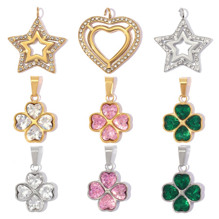 Pendentifs pour femmes en acier inoxydable doré, ornés de strass et de zircon, en forme de cœur et de trèfle