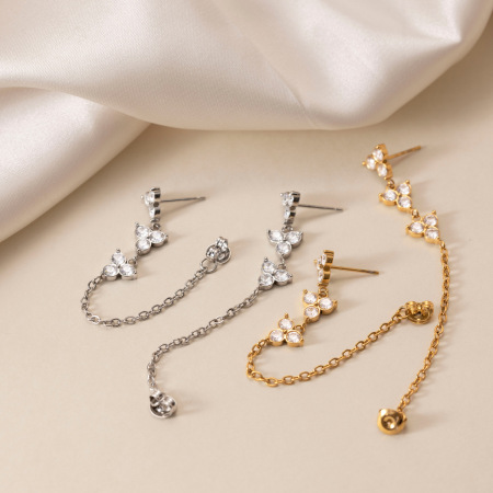 Boucles d'oreilles pendantes pour femme, élégantes, à pompon et trèfle, en acier inoxydable étanche, couleur or, de la collection Simple Series. 2