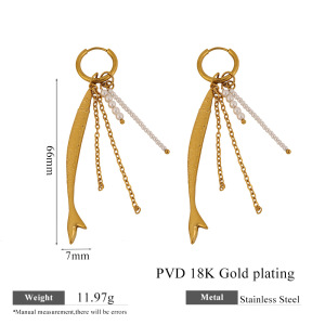 Boucles D'Oreilles Pendantes Pour Femmes, Style Rétro, Pompon, En Acier Inoxydable, Couleur Or, Étanches, Avec Motif Poisson Et Pompon. Collection Simple. h5 