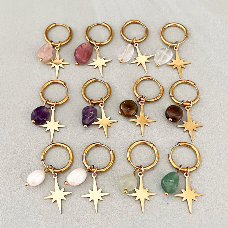 Boucles d'oreilles pendantes pour femme, collection Simple Series Daily Beads Star, en acier inoxydable, couleur or, étanches, avec pierre naturelle.