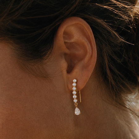 Boucles d'oreilles pendantes pour femme, élégantes et raffinées, en acier inoxydable doré, ornées de zirconiums et d'un motif goutte d'eau. Collection Luxueuse. 2