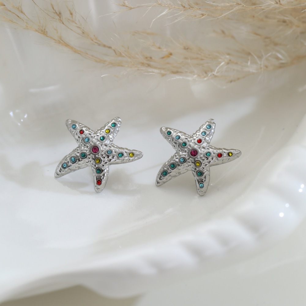 Boucles D'Oreilles Clous En Acier Inoxydable Imperméable Couleur Or, Série Romantique Daily Star Star, En Forme D'Étoile De Mer. Image4