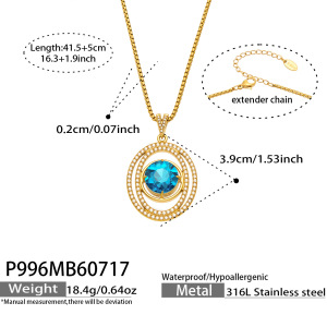 Colliers Pendentifs Pour Femmes De La Série Luxueuse, En Acier Inoxydable Étanche, Couleur Or, Zircon Et Verre Bleu h5