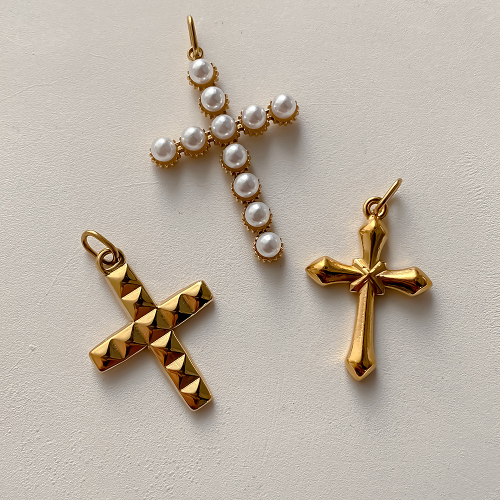 Pendentifs Pour Femmes En Forme De Cœur Et De Croix, En Acier Inoxydable Étanche, Couleur Or, Avec Perle Artificielle, Collection Classique À Faire Soi-Même h5Image3