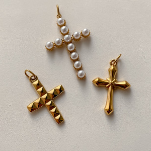 Pendentifs Pour Femmes En Forme De Cœur Et De Croix, En Acier Inoxydable Étanche, Couleur Or, Avec Perle Artificielle, Collection Classique À Faire Soi-Même h5 Image3