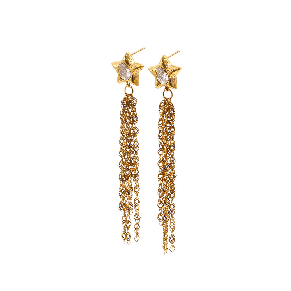 Boucles D'Oreilles Pendantes Pour Femme, Élégantes, À Pompon Et Étoile, En Acier Inoxydable Étanche, Couleur Or, De La Collection Simple Series. Image4