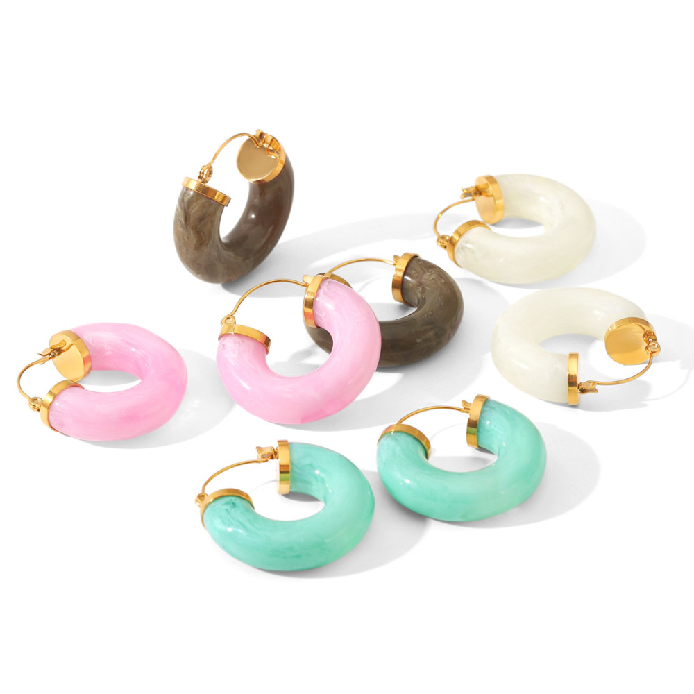 Boucles D'Oreilles Créoles Pour Femmes, Style Rétro, Géométriques, En Résine Dorée, Collection Simple Series Image7