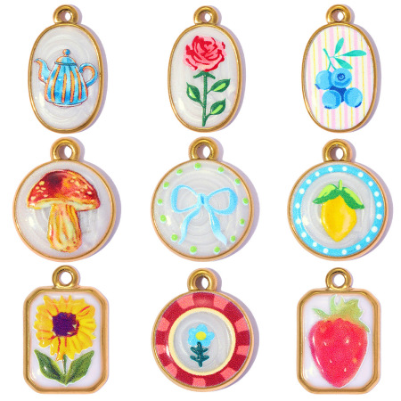 Pendentifs pour femmes en acier inoxydable, couleur or, motif fleurs et fruits, collection romantique