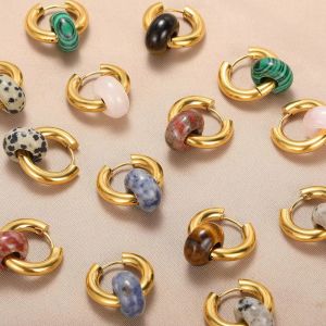 Boucles D'Oreilles Créoles Pour Femmes, Style Rétro, Dégradé De Couleurs, En Acier Inoxydable, Étanches, Couleur Or, Avec Pierre Naturelle. h5 Image2