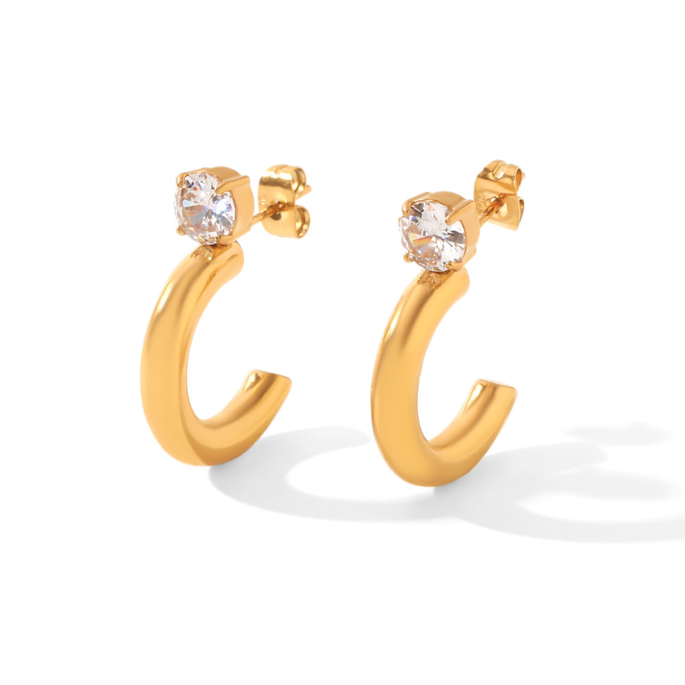 Boucles D'Oreilles Puces Pour Femmes Simple Series Daily Lines En Acier Inoxydable Étanche Couleur Or Et Zircon Image8
