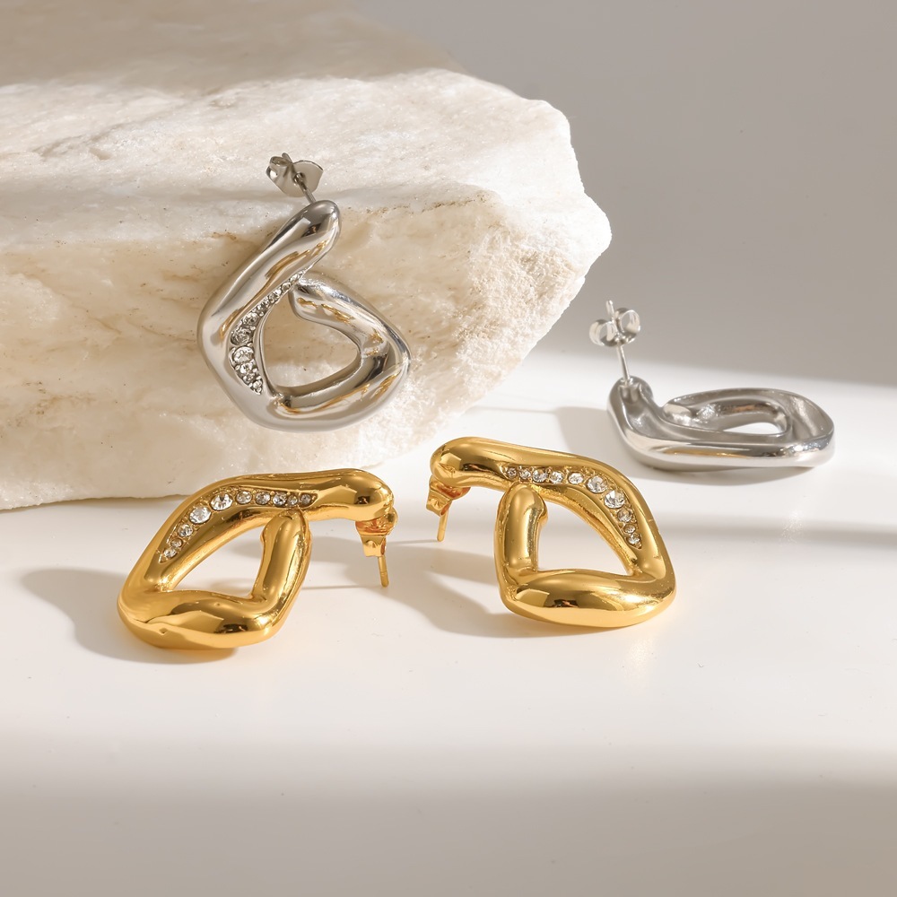 Boucles D'Oreilles Puces Pour Femmes En Acier Inoxydable Étanche, Couleur Or, En Forme De G, Ornées De Strass. Image3