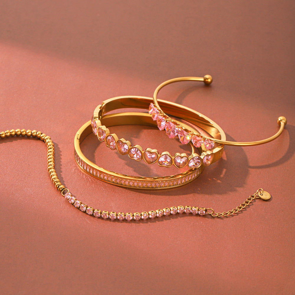 Bracelet Jonc Pour Femme En Acier Inoxydable Doré, Étanche, En Forme De Cœur Et D'Ellipse, Orné De Zircon, Collection Luxe Daily Image4