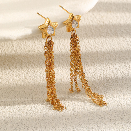 Boucles d'oreilles pendantes pour femme, élégantes, à pompon et étoile, en acier inoxydable étanche, couleur or, de la collection Simple Series. 2