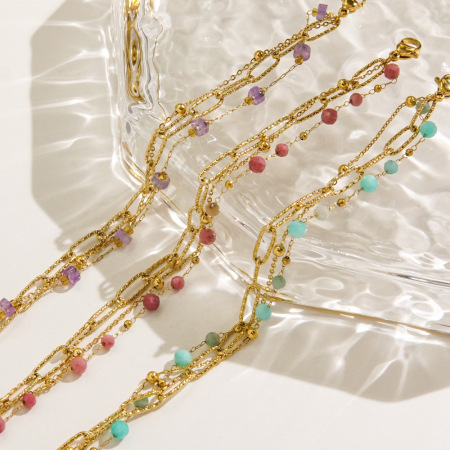 Bracelet chaîne Simple Series Sweet Beads en acier inoxydable étanche couleur or avec pierres naturelles pour femme