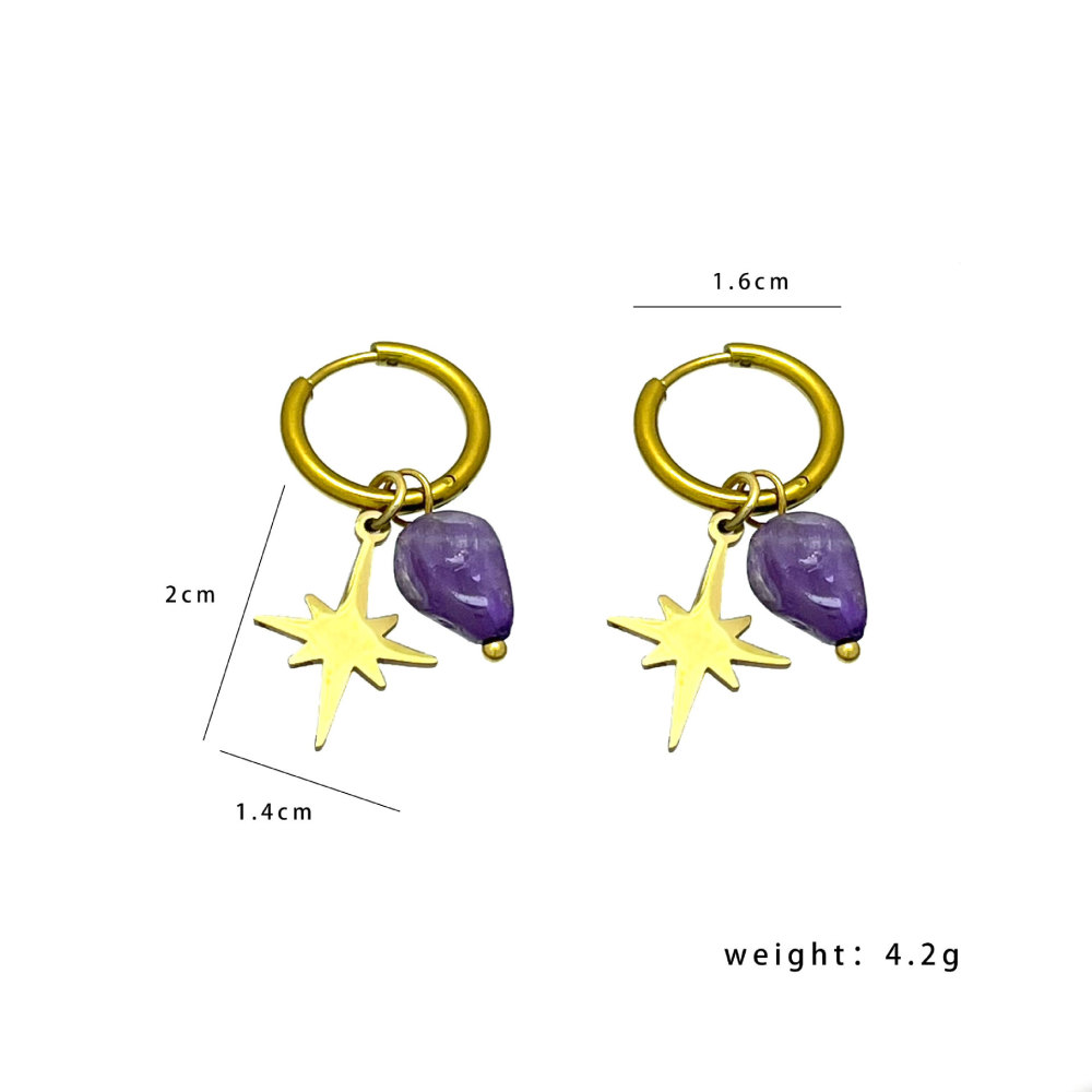 Boucles D'Oreilles Pendantes Pour Femme, Collection Simple Series Daily Beads Star, En Acier Inoxydable, Couleur Or, Étanches, Avec Pierre Naturelle. Image4