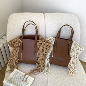 Sac Cabas Femme En Pu Tissé Ajouré, Style Décontracté, Orné De Pompons Et De Fronces h5 Image3