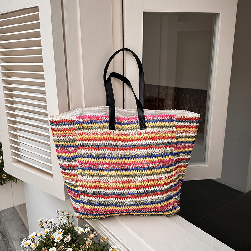 Sacs À Bandoulière Femme En Raphia Tissé À Rayures Multicolores Style Décontracté Image2