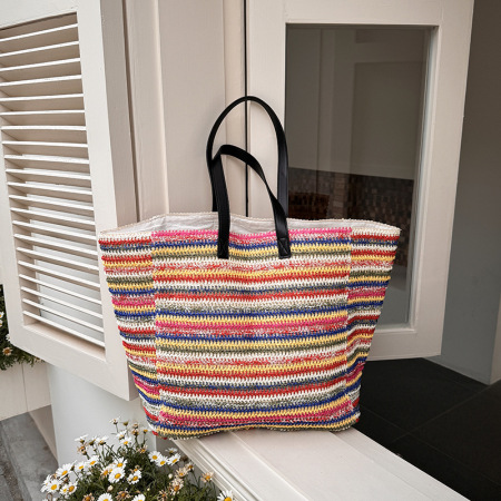Sacs à bandoulière femme en raphia tissé à rayures multicolores style décontracté 2