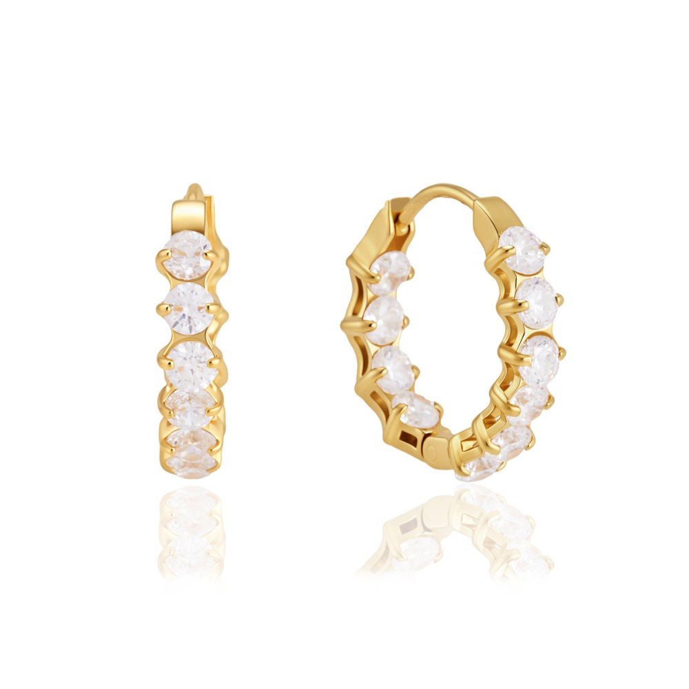 Boucles D'Oreilles Créoles Pour Femmes, Style Cercle Simple, En Acier Inoxydable, Étanches, Couleur Or, Avec Zircon. Collection Luxueuse. Image5