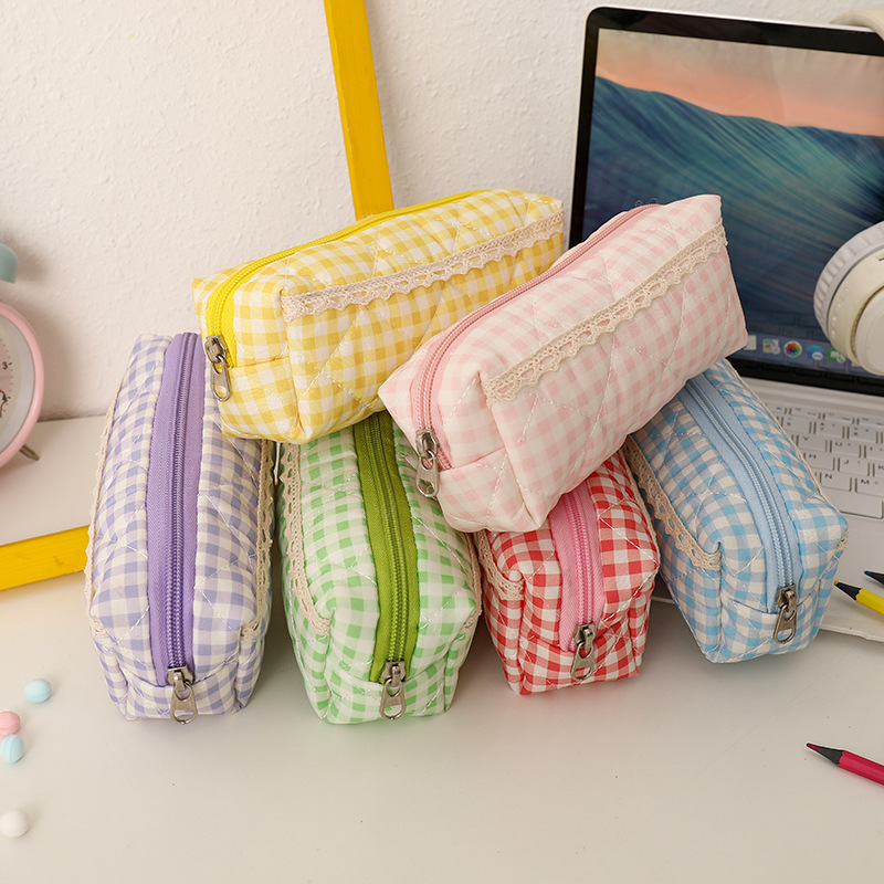 Pochettes À Stylos En Tissu À Carreaux Doux De La Série Simple Image5