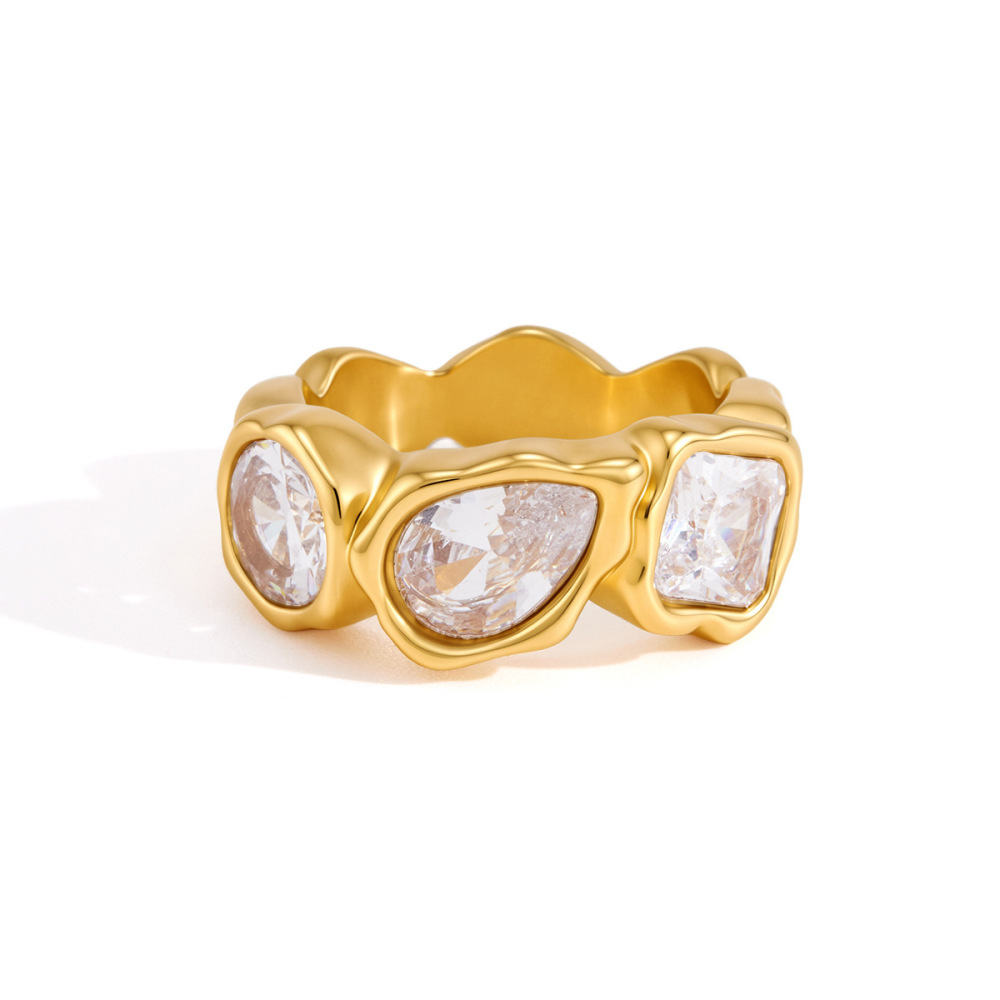 Bagues Pour Femmes En Acier Inoxydable Doré, Imperméables, Avec Zircon Et Motif Martelé De Forme Irrégulière Et Décontractée Image5