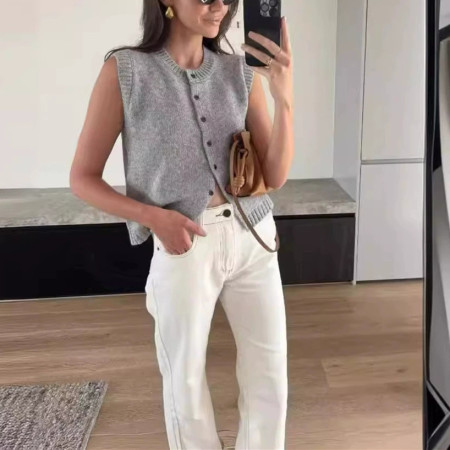 Gilet tricoté minimaliste uni à col rond pour femme