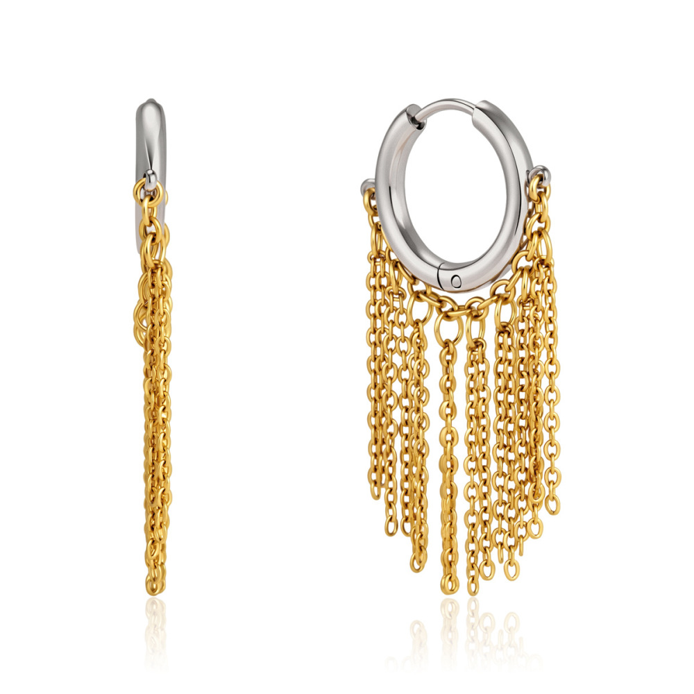 Boucles D'Oreilles Pendantes Pour Femme, Style Décontracté, Avec Chaîne À Pompon, En Acier Inoxydable Étanche, Couleur Or, Collection Simple Series Image5