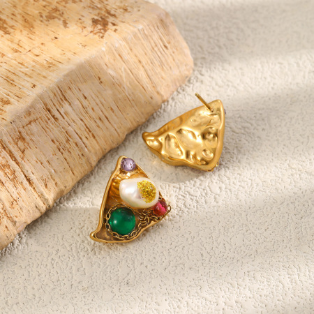Boucles d'oreilles puces pour femmes, collection Luxious Series, forme triangulaire irrégulière et mignonne, en acier inoxydable étanche, couleur or 2