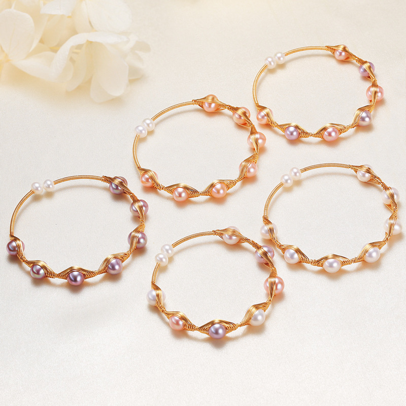 Bracelet De Perles Pour Femme Simple Series Daily Twist Lines, Couleur Or, En Perles D'Eau Douce Image2