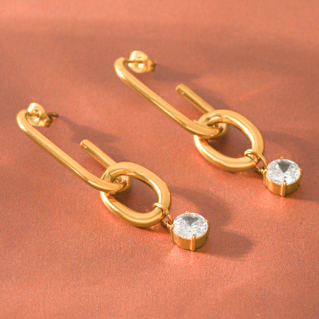 Boucles d'oreilles pendantes pour femmes en acier inoxydable étanche, couleur or, avec zircon.