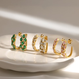 Boucles D'Oreilles Puces Pour Femmes En Acier Inoxydable Doré, Étanches, En Forme De C, Ornées De Strass. h5 Image2