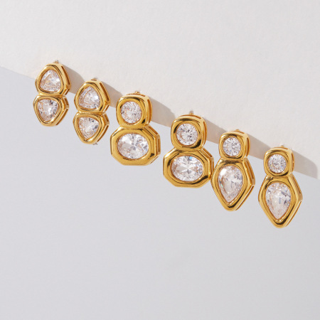 Boucles d'oreilles puces pour femmes, forme géométrique, en acier inoxydable, étanches, couleur or, avec zircon. 2