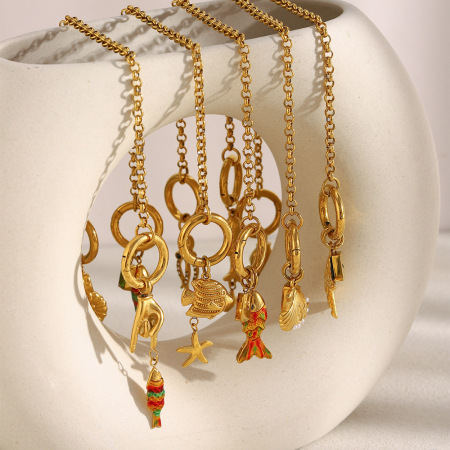 Pendentif femme en acier inoxydable étanche couleur or, motif poisson et étoile de mer, collection romantique