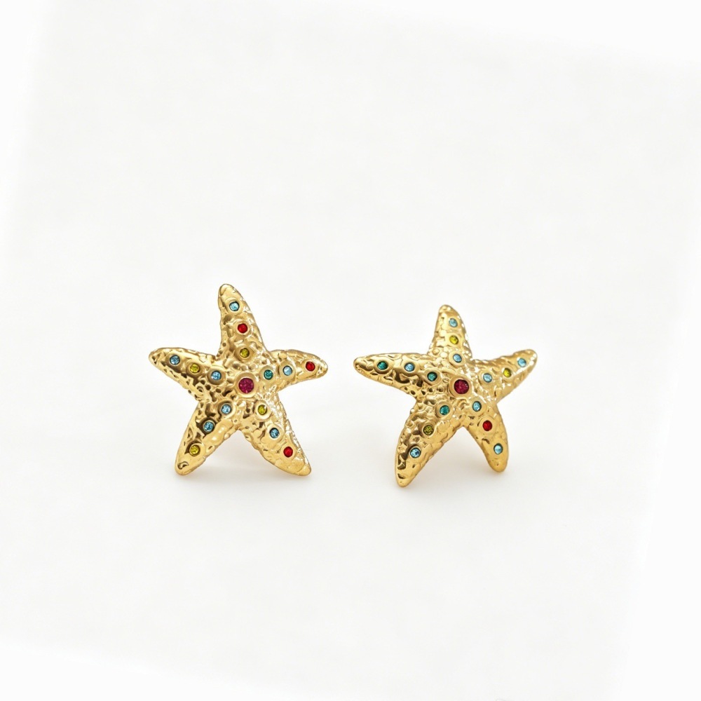 Boucles D'Oreilles Clous En Acier Inoxydable Imperméable Couleur Or, Série Romantique Daily Star Star, En Forme D'Étoile De Mer. Image5