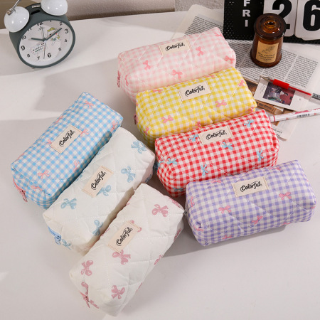 Pochettes à stylos à carreaux en polyester doux avec nœud papillon, collection Simple Series 2